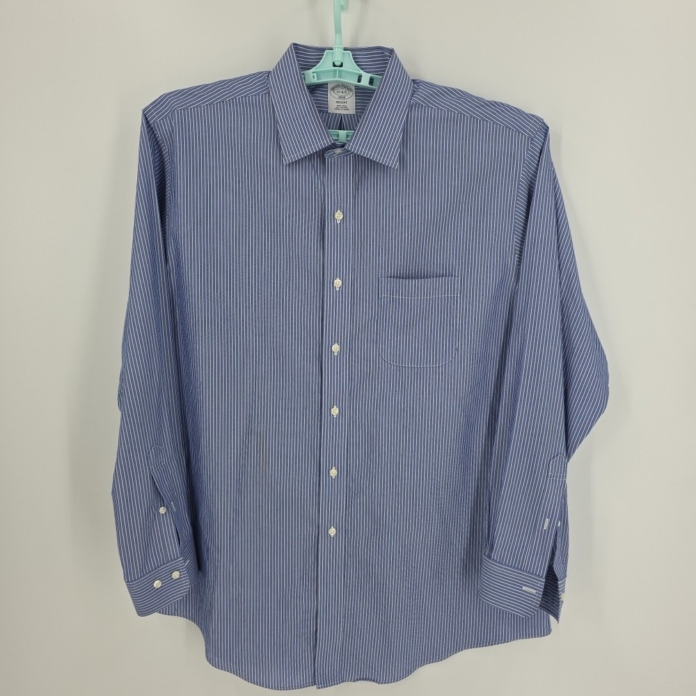 Brooks Brothers Blue and White Stripe Men's Regent LS‎ Shirt Size 17-4/5
